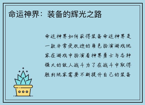 命运神界：装备的辉光之路